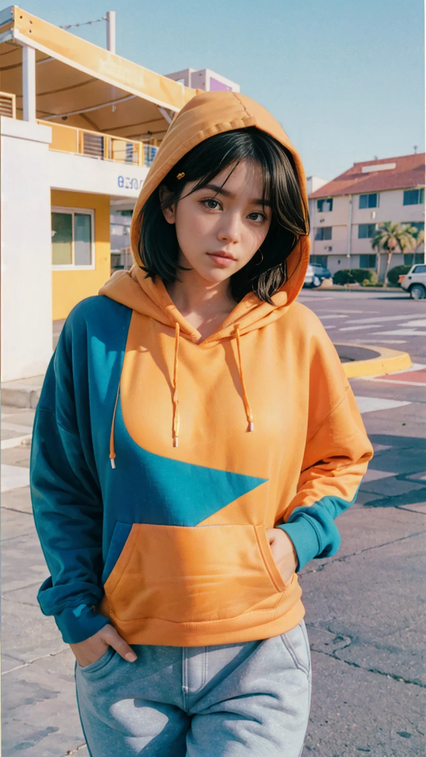 8K, 1girl, UHD,beautiful, black bob hairstlye, ((orange oversize hoodie)), oversize_shirt, sweatpants, Evening light,,Taking a walk,purple slacks, look at viewer, (((80's architecture colorful motel))) ,perfect beautiful face,perfect nose,perfect eyes, perfect lips kodak gold 200 fisheye-8mmlens-v2exp ,25 yo cute korean, ((busty perfect body)) perfect face, 35mm film,palm trees, blue sky, sunny summer, los angles vibes (photorealistic:1.2), (ultra realistic:1.3), (very detailed:1.1), ((masterpiece))