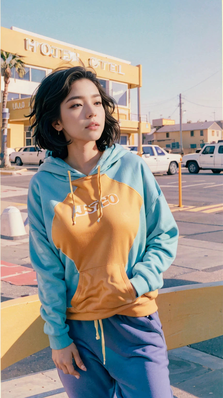 8K, 1girl, UHD,beautiful, black bob hairstlye, ((orange oversize hoodie)), oversize_shirt, sweatpants, Evening light,,Taking a walk,purple slacks, look at viewer, (((80's architecture colorful motel))) ,perfect beautiful face,perfect nose,perfect eyes, perfect lips kodak gold 200 fisheye-8mmlens-v2exp ,25 yo cute korean, ((busty perfect body)) perfect face, 35mm film,palm trees, blue sky, sunny summer, los angles vibes (photorealistic:1.2), (ultra realistic:1.3), (very detailed:1.1), ((masterpiece))