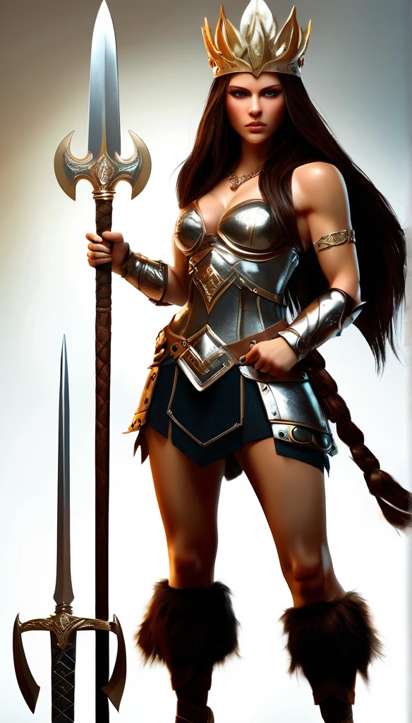 A fierce barbarian queen, incredibly strong and alluring, (1girl, muscular body, long flowing hair, determined expression, barbarian-style armor and accessories, stylized crown, (epic:1.2), dynamic pose, (photorealistic:1.37), dramatic lighting, cinematic composition, muted color palette, dramatic shadows, chiaroscuro)