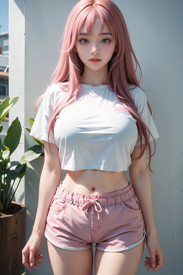 huge breasts , dolphin shorts , Pink hair , long straight hair , white t-shirt , 