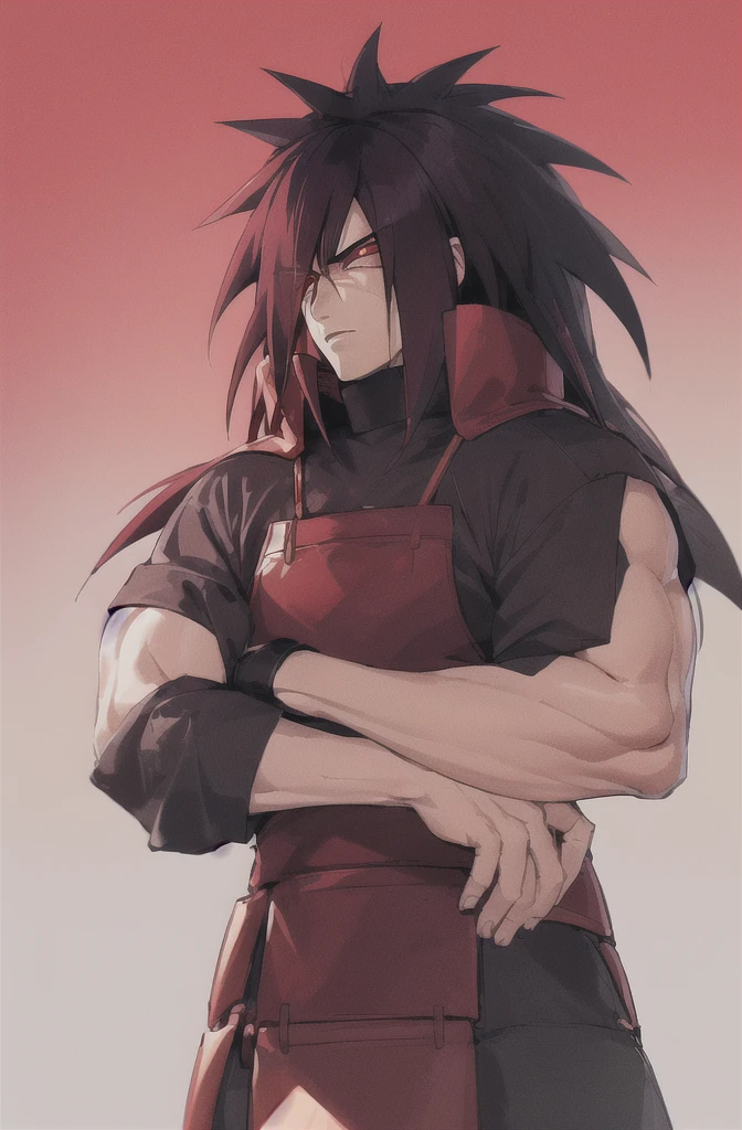 Madara Uchiha, 1 chico,the leader, Anime Naruto, muscled body , long spiky black hair, blurred, fondo blurred,Red eyes , chama kou, high resolution, looking away, male focus, muscle