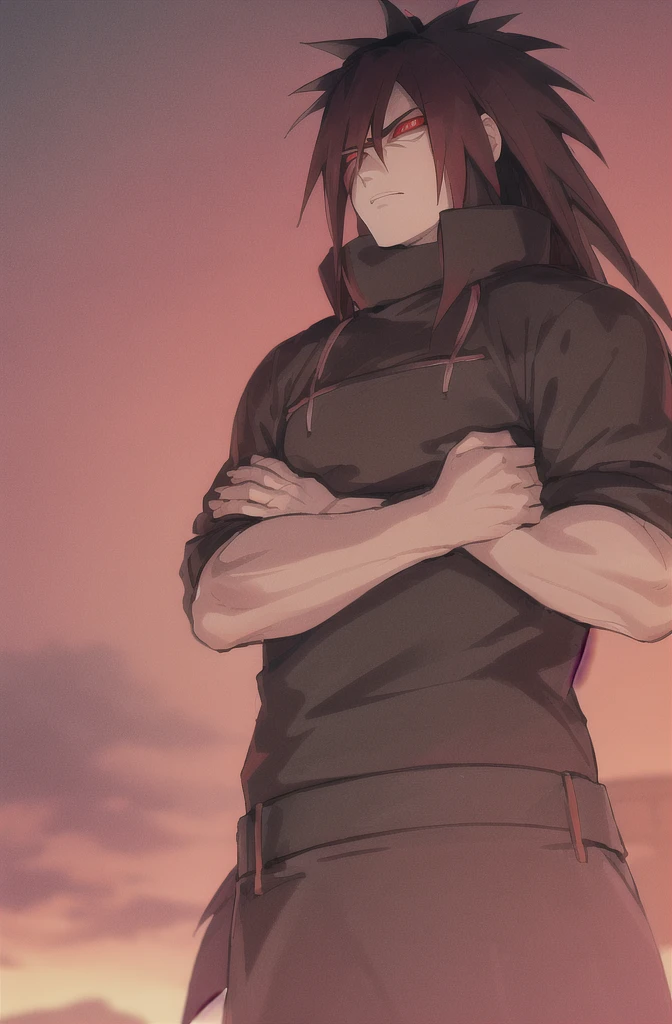 Madara Uchiha, 1 chico,the leader, Anime Naruto, muscled body , long spiky black hair, blurred, fondo blurred,Red eyes , chama kou, high resolution, looking away, male focus, muscle