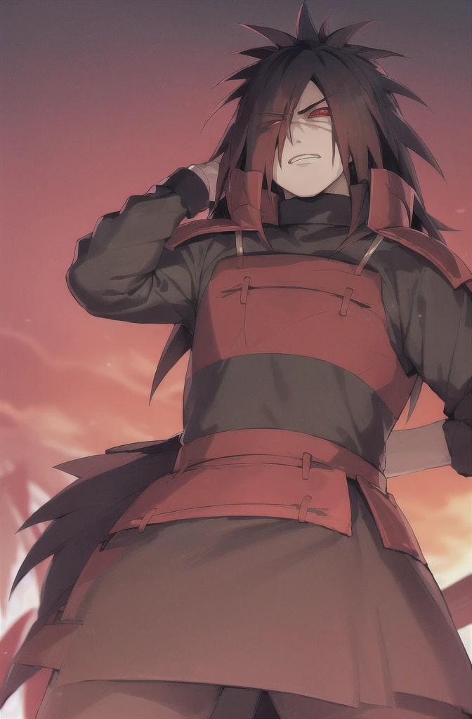 Madara Uchiha, 1 chico,the leader, Anime Naruto, muscled body , long spiky black hair, blurred, fondo blurred,Red eyes , chama kou, high resolution, looking away, male focus, muscle