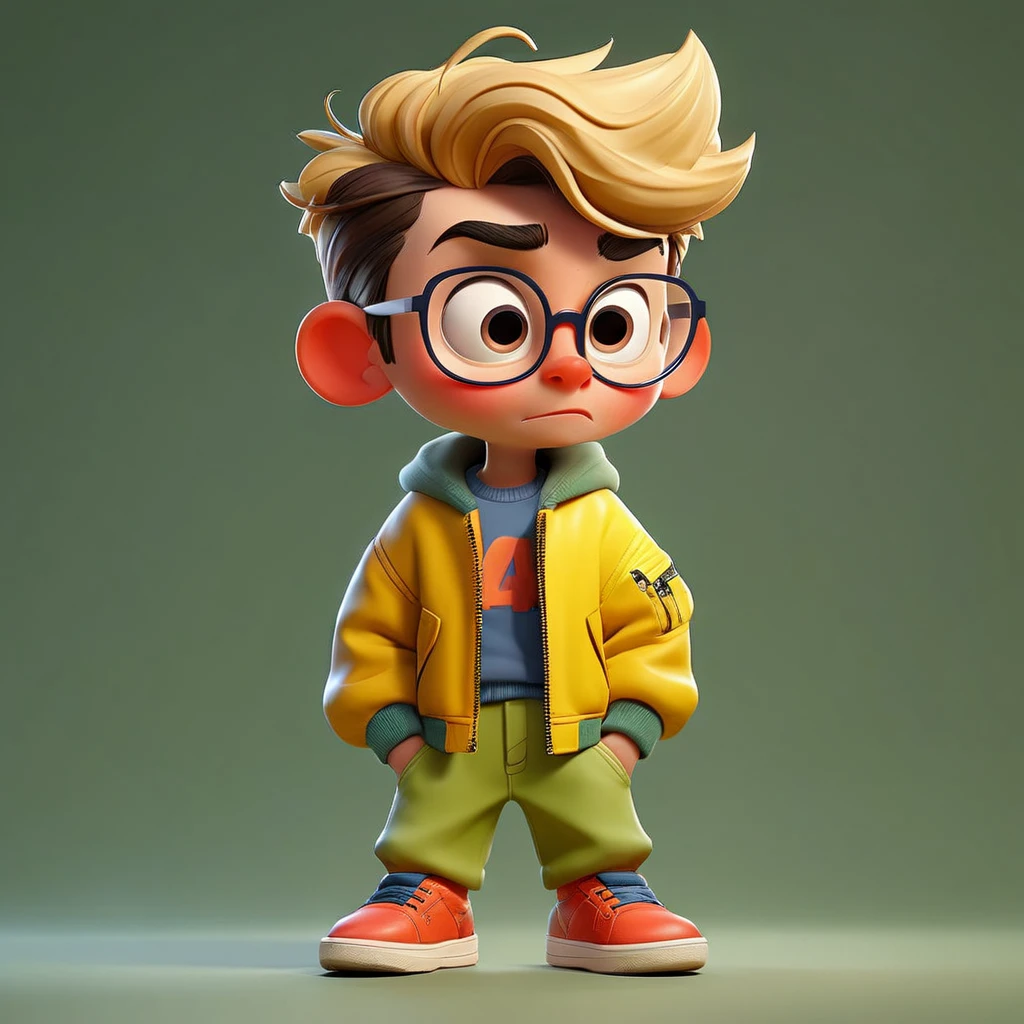 A beautiful young man of 3 years. , full body image of a cute realist, vivid colors octane rendering trend on artstation, united color background wall, with glasses and a yellow jacket, Beautiful 3D rendering, beautiful pixar, inspiration in Du Qiong, blonde boy, andres dickson , realist, 3D, cartoon style, well shaded, seeds, pixar, Lexica Aperture v.3,5.
