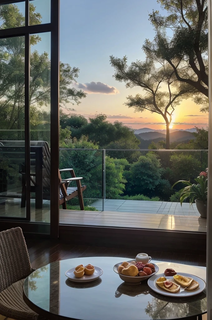 A serene morning scene with a parent and stretching together or having a peaceful, screen-free breakfast.