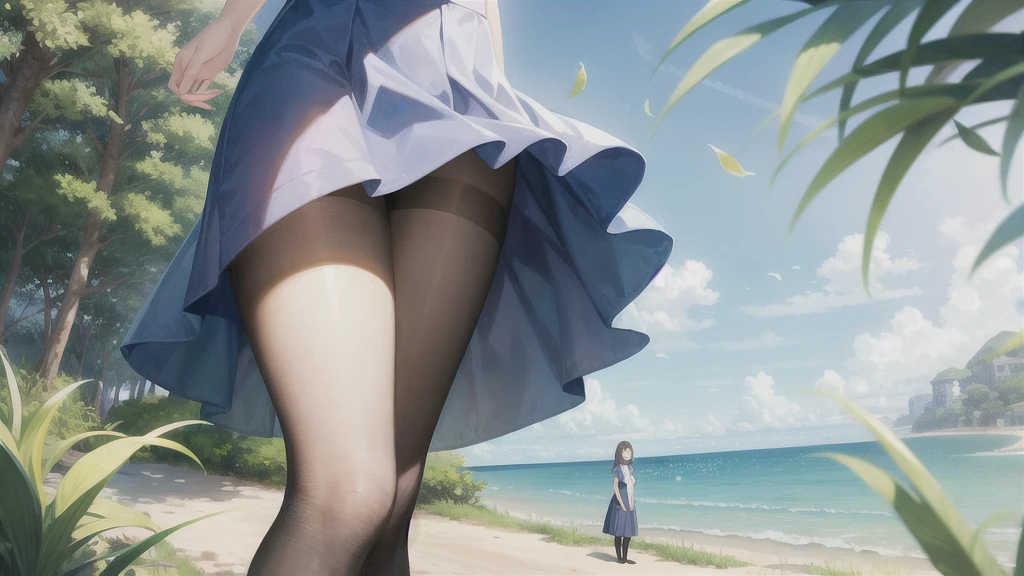 (masterpiece),  The sea seen from the town,  blue sky, summer, A girl in the distance,  smile,  alone,  Sailor suit、Long skirt,  Overgrown,  petal,  plant、Skirt lining、Translucent slip、nostalgic、Black Pantyhose