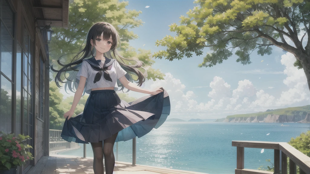 (masterpiece),  The sea seen from the town,  blue sky, summer, A girl in the distance,  smile,  alone,  Sailor suit、Long skirt,  Overgrown,  petal,  plant、Skirt lining、Translucent slip、nostalgic、Black Pantyhose