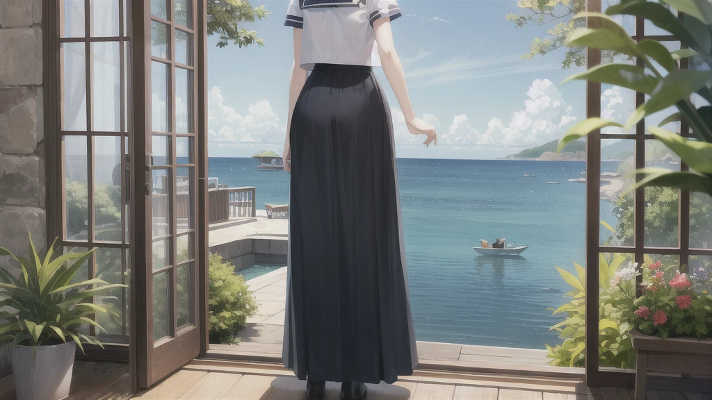 (masterpiece),  The sea seen from the town,  blue sky, summer, A girl in the distance,  smile,  alone,  Sailor suit、Long skirt,  Overgrown,  petal,  plant、Skirt lining、Translucent slip、nostalgic、Black Pantyhose