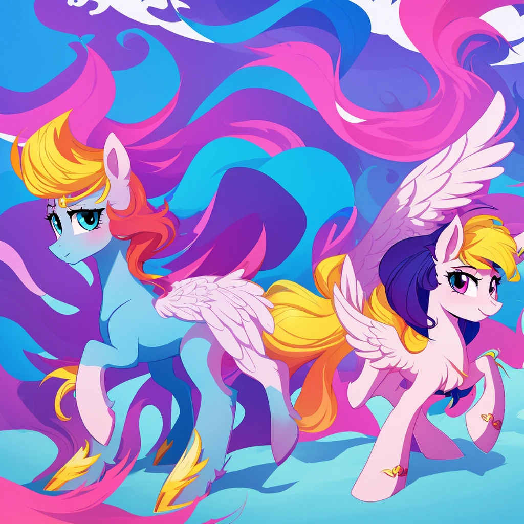 Draw a character in the style of My Little Pony so that he stands sideways and has a beautiful mane, I want him to be Pegasus