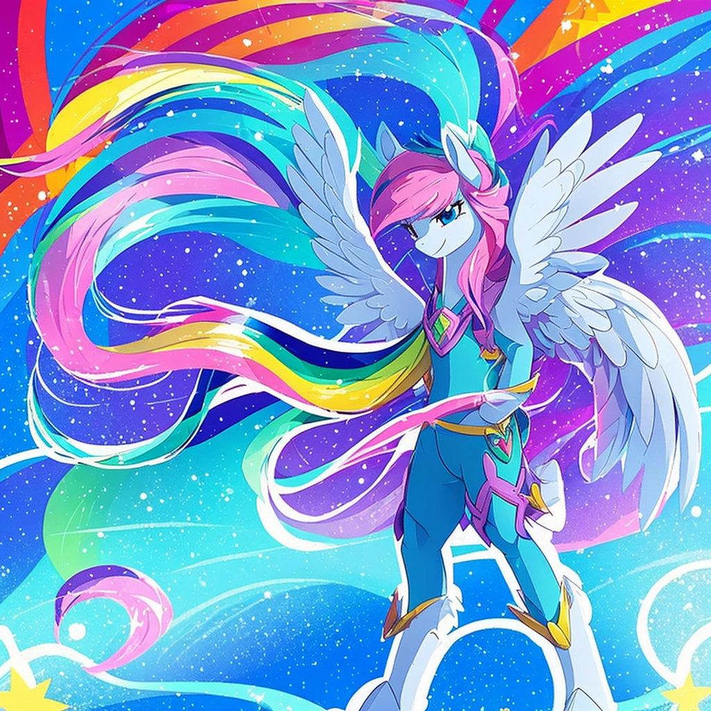 Draw a character in the style of My Little Pony so that he stands sideways and has a beautiful mane, I want him to be Pegasus