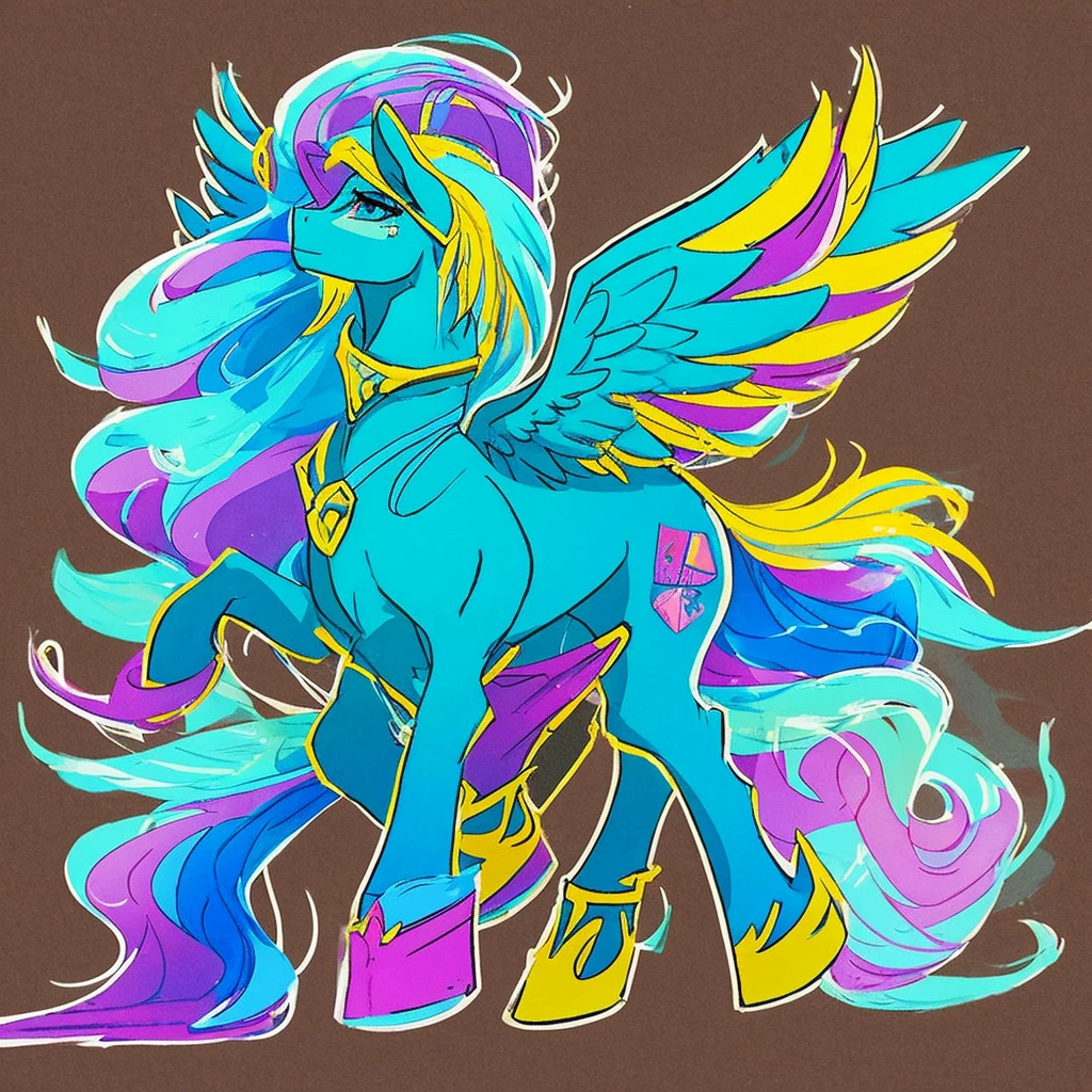 Draw a character in the style of My Little Pony so that he stands sideways and has a beautiful mane, I want him to be Pegasus 