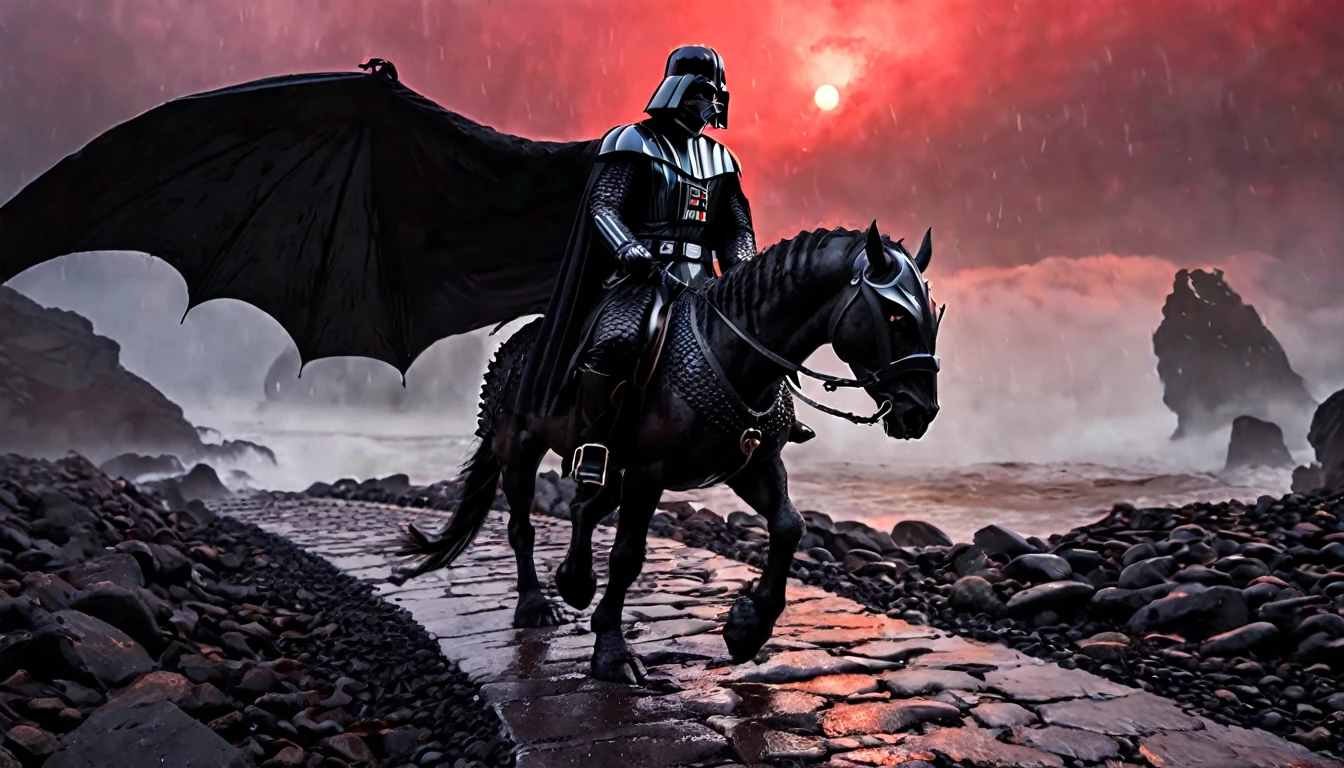 Viking warrior long black hair, dressed in black armor, with Darth Vader mask riding a Dragon with black face and detailed features, walking along a path of wet black stones, between narrow slopes of black rocks, surrounded by red mist, ethereal atmosphere, cinematic lighting, photorealistic, (best quality, 8k, high resolution, dark fantasy masterpiece, :1.2), ultra-detailed, realistic, photorealistic:1.37, dramatic lighting, moody, fantasy, concept art