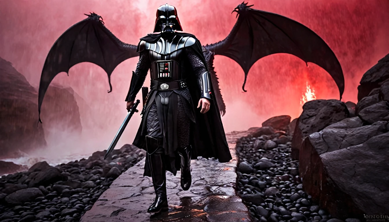 Viking warrior long black hair, dressed in black armor, with Darth Vader mask riding a Dragon with black face and detailed features, walking along a path of wet black stones, between narrow slopes of black rocks, surrounded by red mist, ethereal atmosphere, cinematic lighting, photorealistic, (best quality, 8k, high resolution, dark fantasy masterpiece, :1.2), ultra-detailed, realistic, photorealistic:1.37, dramatic lighting, moody, fantasy, concept art