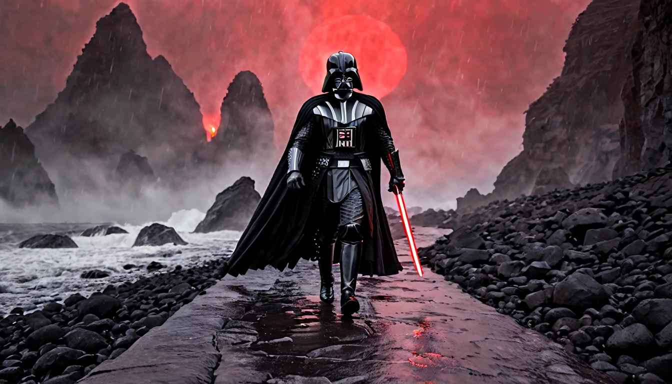 Viking warrior long black hair, dressed in black armor, with Darth Vader mask riding a Dragon with black face and detailed features, walking along a path of wet black stones, between narrow slopes of black rocks, surrounded by red mist, ethereal atmosphere, cinematic lighting, photorealistic, (best quality, 8k, high resolution, dark fantasy masterpiece, :1.2), ultra-detailed, realistic, photorealistic:1.37, dramatic lighting, moody, fantasy, concept art