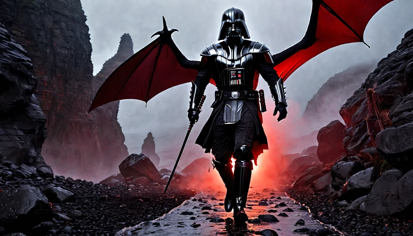 Viking warrior long black hair, dressed in black armor, with Darth Vader mask riding a Dragon with black face and detailed features, walking along a path of wet black stones, between narrow slopes of black rocks, surrounded by red mist, ethereal atmosphere, cinematic lighting, photorealistic, (best quality, 8k, high resolution, dark fantasy masterpiece, :1.2), ultra-detailed, realistic, photorealistic:1.37, dramatic lighting, moody, fantasy, concept art