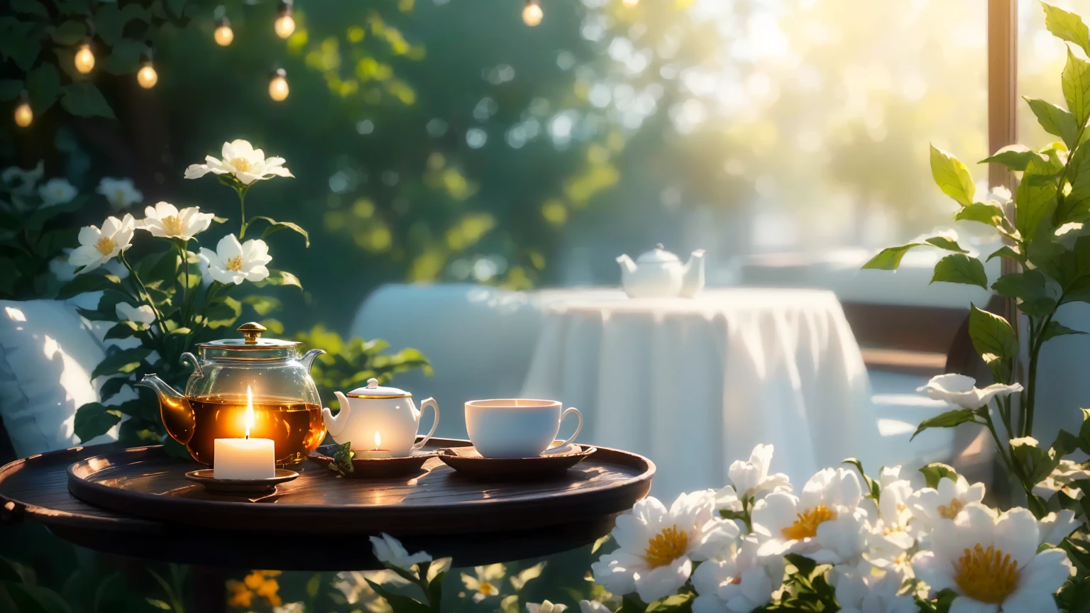 Candle,There is a tray with a teapot and cups on it., summer morning light, Relaxed atmosphere, Cozy cafe background, Peaceful atmosphere, Soft morning light, radiant morning light, Beautiful atmosphere, Sunny morning light, Beautiful atmosphere, Peaceful atmosphere, Romantic atmosphere, Morning sunlight, Early morning mood, Soft morning lighting, Cinematic morning light, Morning atmosphere