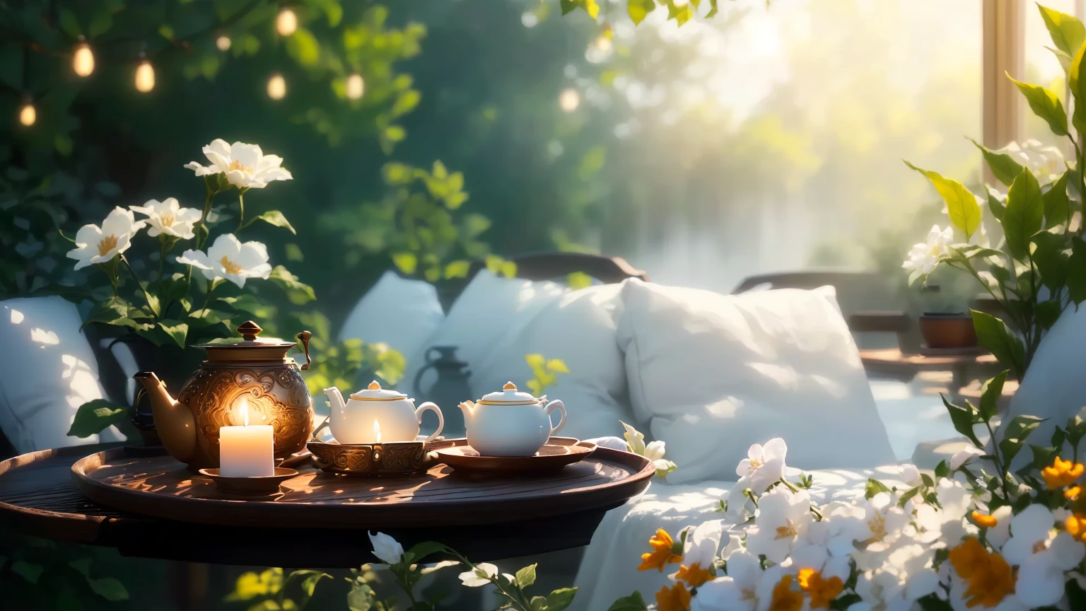 Candle,There is a tray with a teapot and cups on it., summer morning light, Relaxed atmosphere, Cozy cafe background, Peaceful atmosphere, Soft morning light, radiant morning light, Beautiful atmosphere, Sunny morning light, Beautiful atmosphere, Peaceful atmosphere, Romantic atmosphere, Morning sunlight, Early morning mood, Soft morning lighting, Cinematic morning light, Morning atmosphere