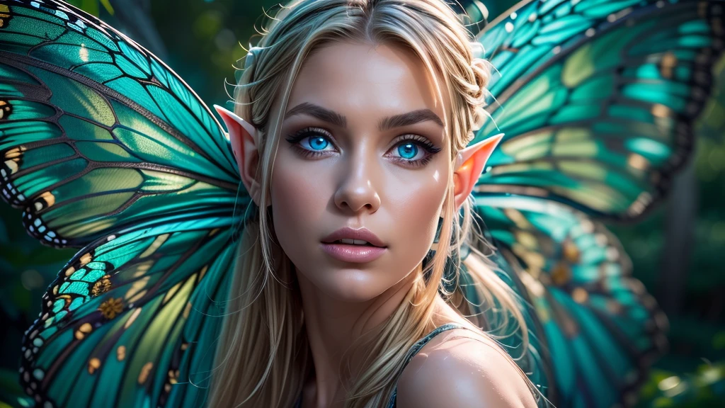 Beautiful, Amazing face and eyes, makeup, (extremely detailed beautiful face), Blonde, (sexiest look), (Beautiful breasts:1.3), (Best Quality:1.4), (Ultra-detailed), (extremely detailed CG unified 8k wallpaper), Highly detailed, RAW Photos, Professional Photography, (silk see through lace:1.3), full body, front view, one point perspective, sitting, (Spread your legs), (:1.4), plein air, Illumination, (Super fancy photos:1.4), (Dazzling light), Radiant Photography, depth of fields, (Glowing blue eyes), (realistic elf ear), (castle, fantasy setting), ((orbs)), massive butterfly wings, flowing butterfly wings, 