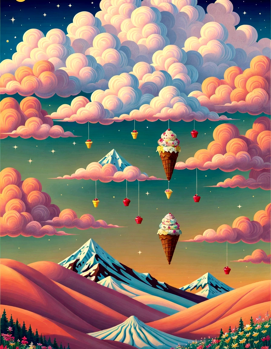 ,high high quality,8K,Many details,Ice cream is like a mountain,Little cherry,chocolate bar,The shape of the rotation is beautiful,adolable,Rich in color,Poster illustration,The foreground is surrounded by wildflowers,Advertising poster advertising promotion,Beautifully composed,Far Mountain,rosy clouds