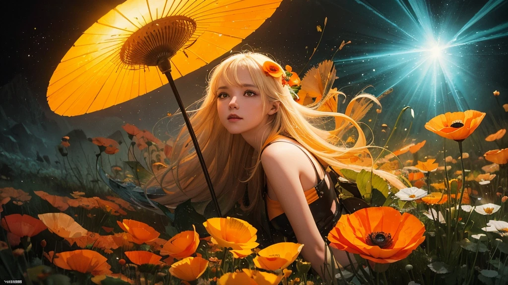 32k, Masterpiece, Highest quality, One girl, Detailed eyes, flower,Iceland Poppy, Orange and yellow style,A dreamy, romantic piece,Pale yellow, Mysterious Leaves,A playful arrangement,Fantasy,High Contrast,Ink strokes,explosion,Exposure, Impression of orange and yellow tones,Abstract,((Watercolours by John Berkey and Jeremy Mann )) Brush strokes,Negative Space, Tyndall effect,