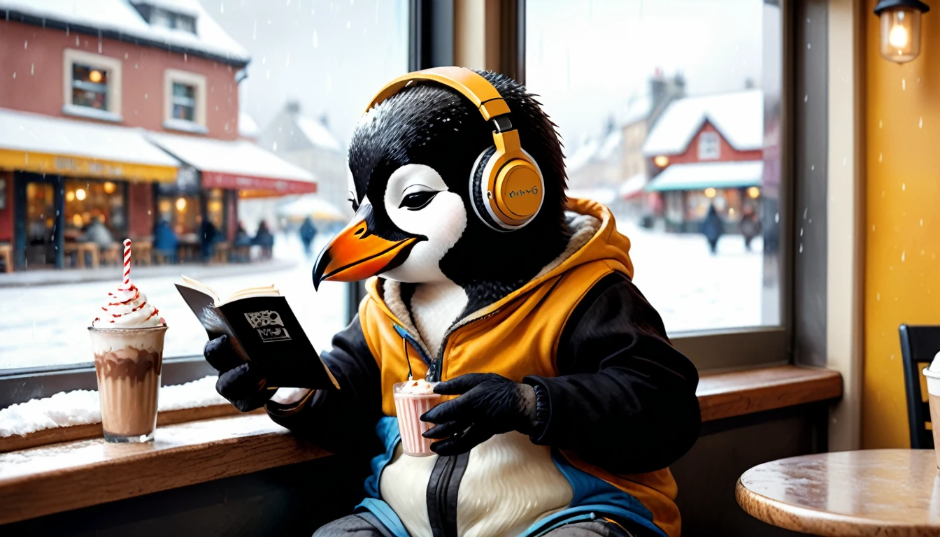 (photography film style), (((raining))), anthropomorphic, cute young penguin, casual clothes, sitting by a window in a cafe, drinking hot chocolate, listening to music on headphones, (reading a book), 2D, colorful, warm atmosphere, glossy, Jean-Baptiste Monge style, Alan Lee style