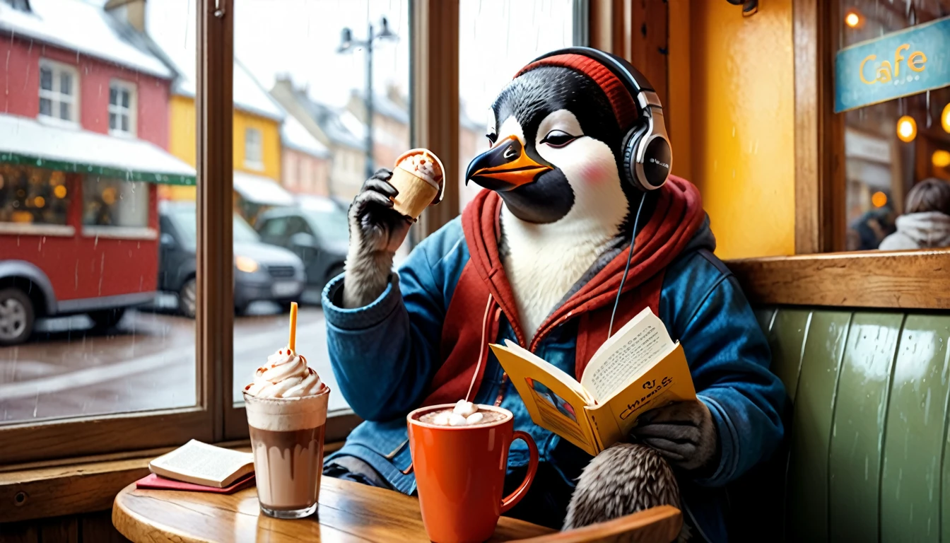 (photography film style), (((raining))), anthropomorphic, cute young penguin, casual clothes, sitting by a window in a cafe, drinking hot chocolate, listening to music on headphones, (reading a book), 2D, colorful, warm atmosphere, glossy, Jean-Baptiste Monge style, Alan Lee style