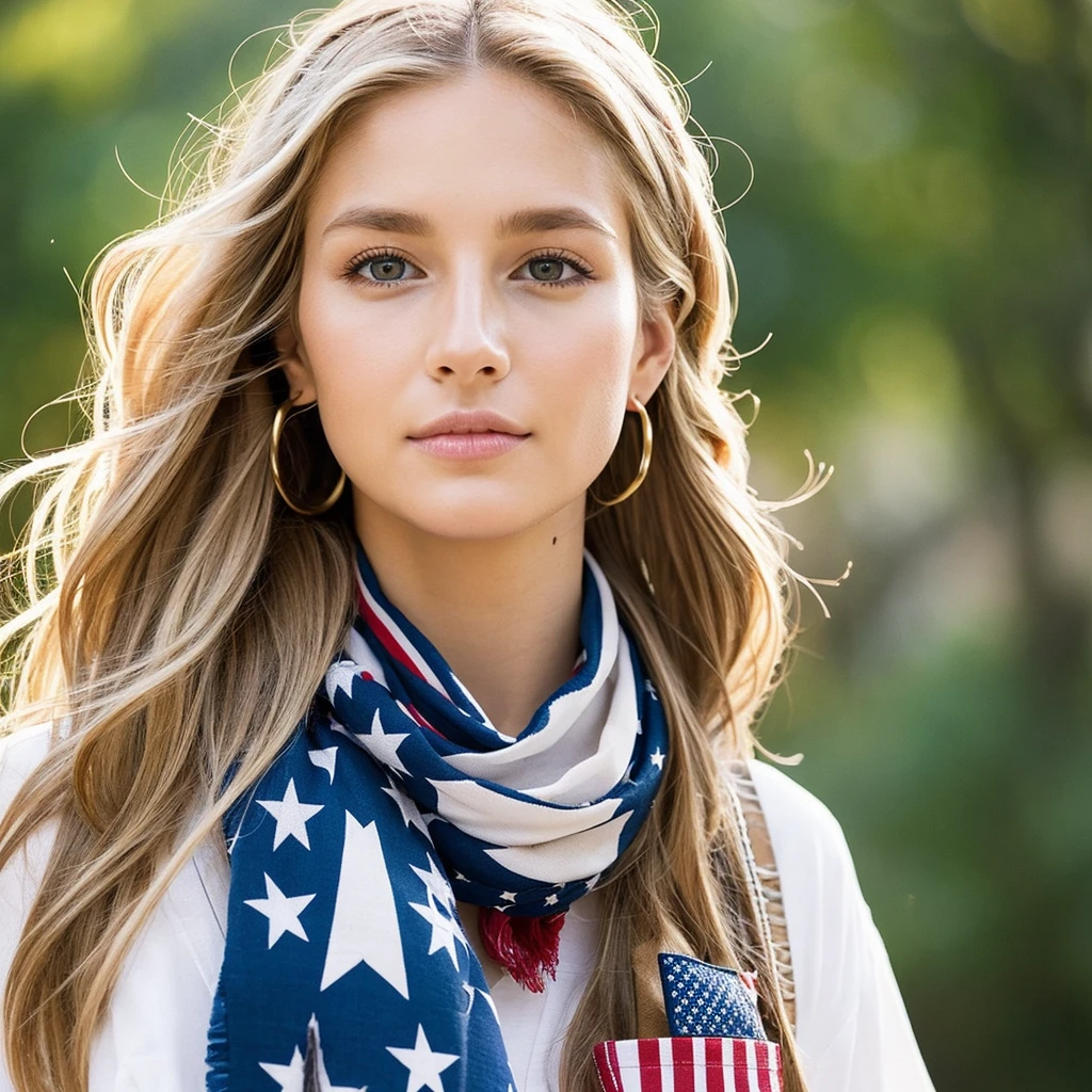 muka: Striking traits, with penetrating, light-colored eyes, like an eagle.hairs: Blondes or light browns, short and casual, remembering freedom and strength.Accessories: Maybe a bandana or Americana-inspired accessories, like stars or stripes.