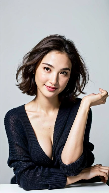 (Best quality, 8k, 32k, Masterpiece, UHD:1.2),Photo of Pretty woman, gal  gadot,  huge breasts, very short bob hair ,Full body, face focus, Oversize sweater , Random sexy pose, simple background, looking at viewer, smile,