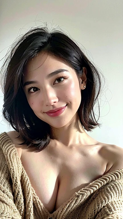 (Best quality, 8k, 32k, Masterpiece, UHD:1.2),Photo of Pretty woman, gal gadot, huge breasts, very short bob hair ,Full body, face focus, Oversize sweater , Random sexy pose, simple background, looking at viewer, smile,