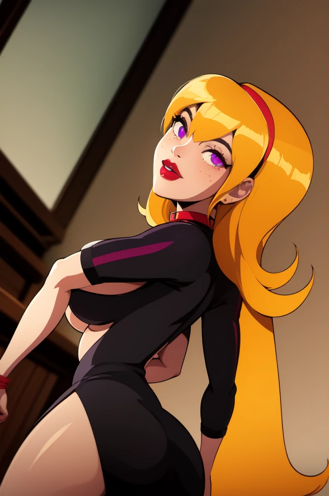 yellow hair, black dress, freckles, lipstick, big boobs, purple eyes, Lucy Mann, big ass, seductive pose, solo, tight outfit, masterpiece, high quality, humanoid, ultra 4k