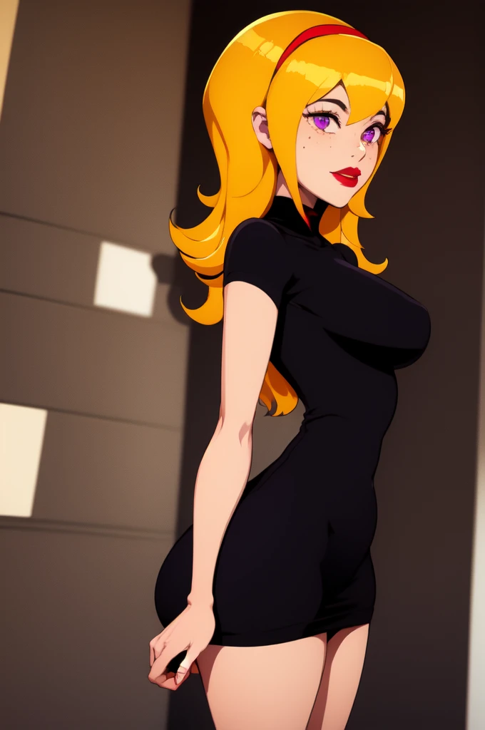 yellow hair, black dress, freckles, lipstick, big boobs, purple eyes, Lucy Mann, big ass, seductive pose, solo, tight outfit, masterpiece, high quality, humanoid, ultra 4k