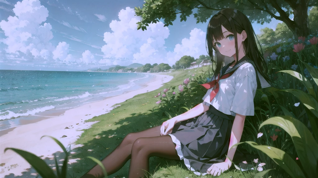 (masterpiece), The sea seen from the town, blue sky, summer, A girl in the distance, smile, alone, Sailor suit、Long skirt, Overgrown, petal, plant、Skirt lining、Translucent slip、nostalgic、Black Pantyhose