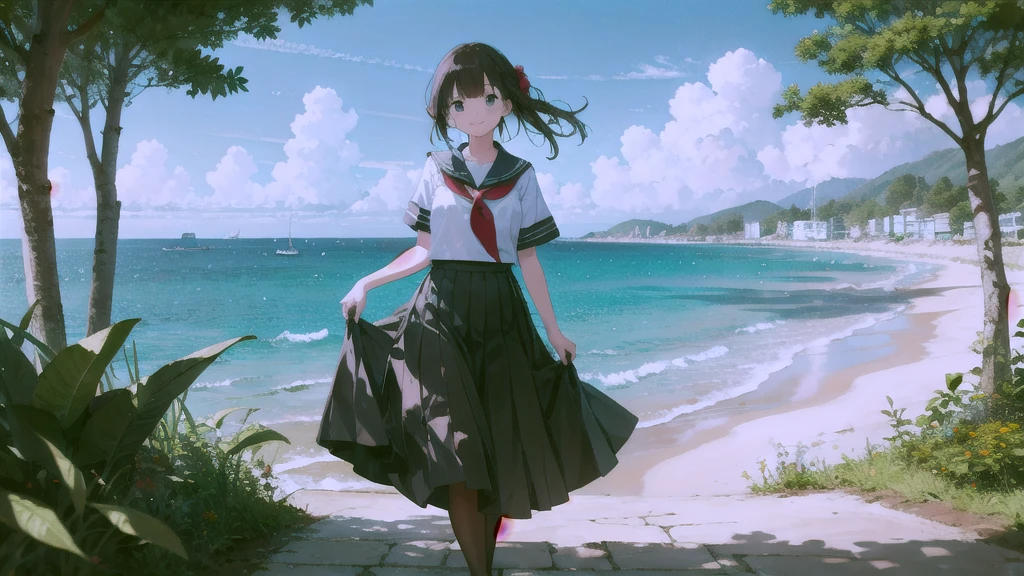 (masterpiece),  The sea seen from the town,  blue sky, summer, A girl in the distance,  smile,  alone,  Sailor suit、Long skirt,  Overgrown,  petal,  plant、Skirt lining、Translucent slip、nostalgic、Black Pantyhose