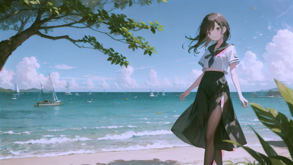 (masterpiece), The sea seen from the town, blue sky, summer, A girl in the distance, smile, alone, Sailor suit、Long skirt, Overgrown, petal, plant、Skirt lining、Translucent slip、nostalgic、Black Pantyhose