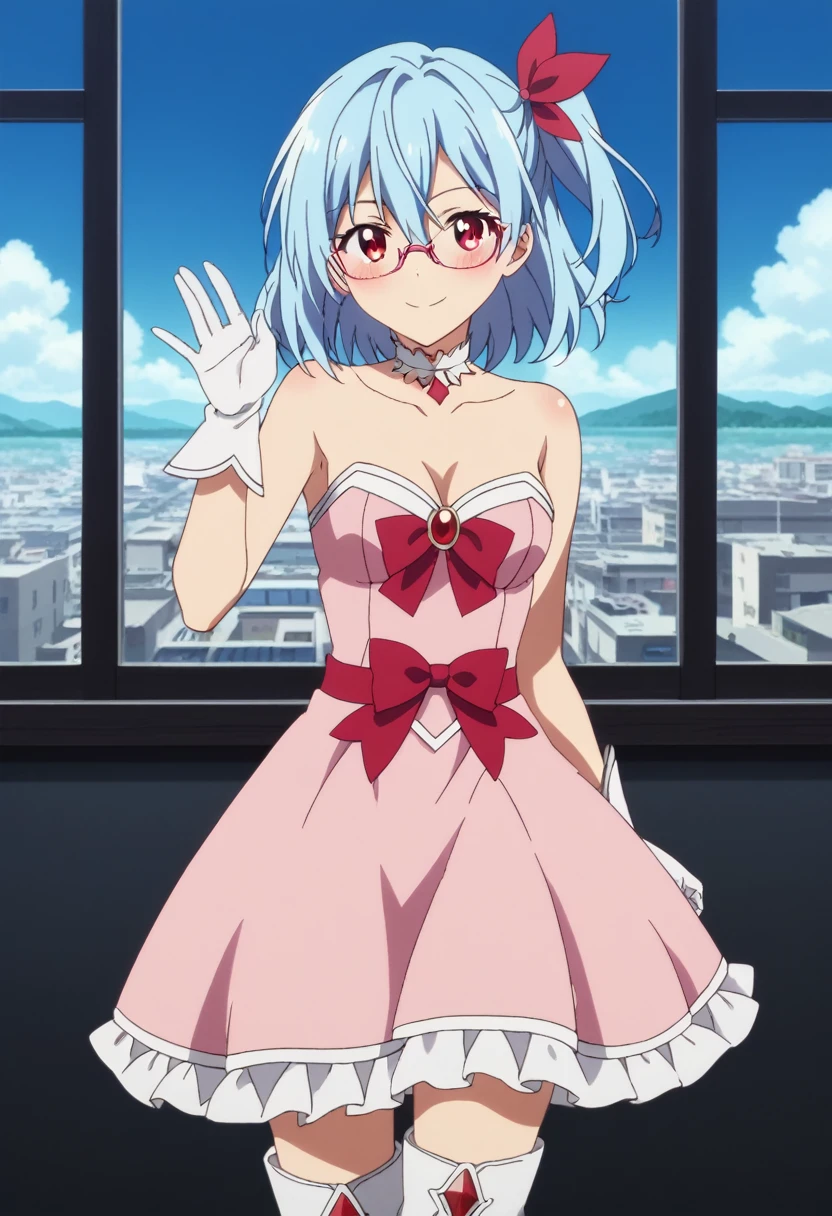 score_9, score_8_up, score_7_up, score_6_up, source anime BREAK, anime screencap, dynamic shadows, atmosferic, 1girl, solo, (red eyes:1.5), detailed eyes, light blue hair, medium hair, one side up , bangs, hair between eyes, hair ribbons, pink dress, magical girl dress, strapless, choker, white gloves, glasses, white boots, thighs, medium breasts, blush, smile, sexy, collarbone, cleavage, ((cowboy shot)), ((from front)), window, city, sky, clouds, night, (w pose), (looking at viewer:1.0)