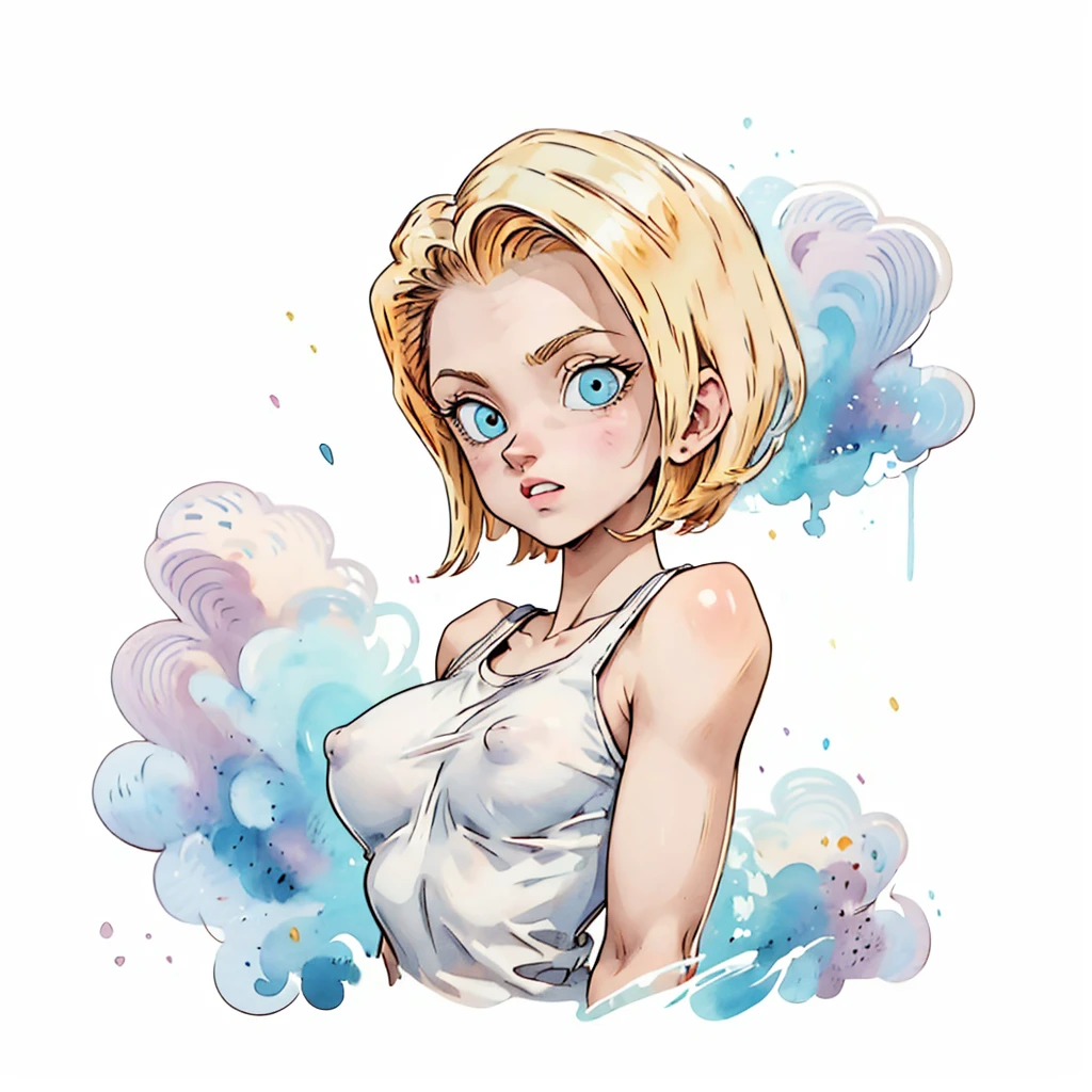 1girl, android18_dbz, simple art, cute, watercolor, white background, looking at the viewer, naked, breast, nipples,