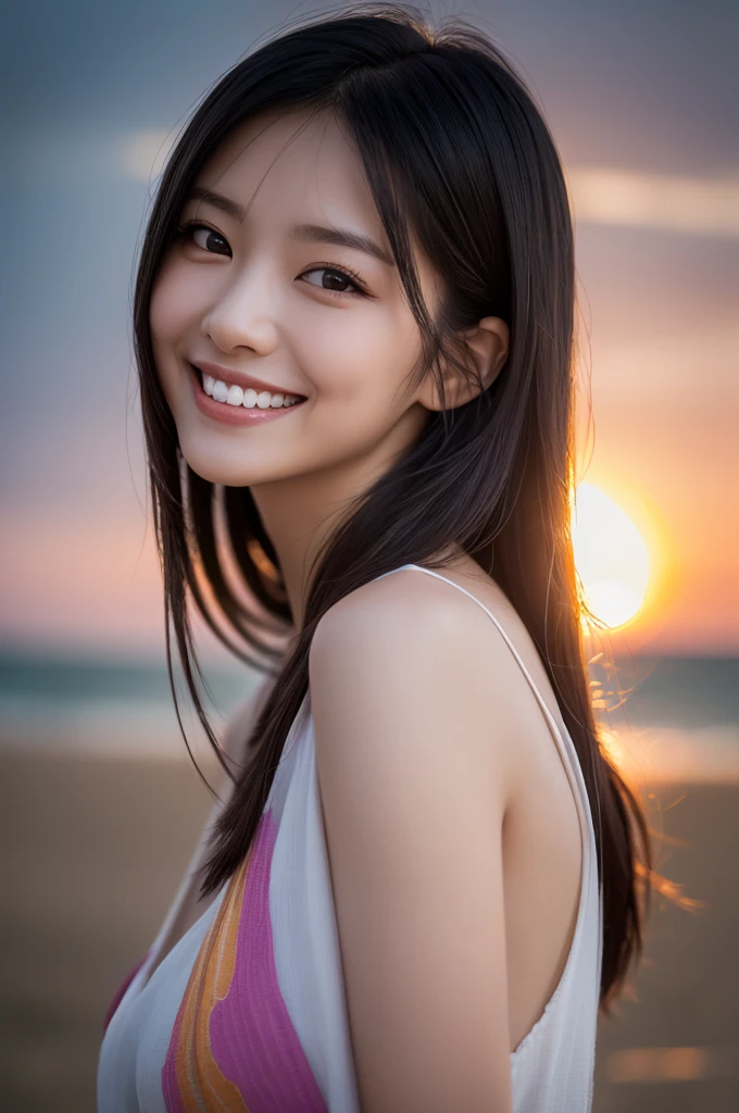 8K, (hyper reality: 1.35), (realistic: 1.4), 1 beautiful korean girl, smile, alone. light makeup, masterpiece, 最high quality, high quality, alone, , Latin, puberty, only one girl,((perfect body)),最high quality)),((Hello)),((very delicate and beautiful)),((Very shallow depth of field)), nffsw,((incredibly shallow depth of field)). be familiar with)), (((very delicate and beautiful)), (((Very shallow depth of field))), nffsw, (((incredibly absurd))), (((perfect body))), (((black hair )))) ))), ((( Camera Eye)))),(((A happy and wonderful smile))), Poor, my + background, dynamic angle, female focus, {particles of light}, Detailed background, ((paul hedley)), soft lighting, (dramatic) sunset), sunset, very beautiful sunset, live action, realistic, top angle, cute smile, (blurred background), 20 years old, skinny, ((wind)), ((movement)), ((emotion)), ((colorful)), ((beautiful teeth)), Wither,Background is a beach