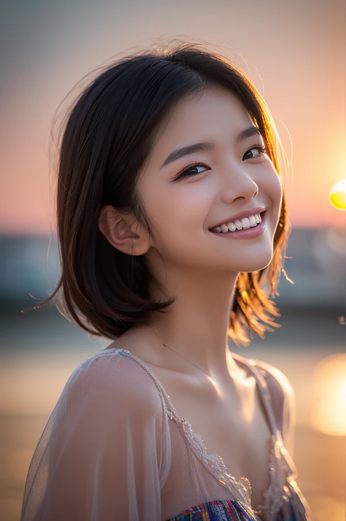8k, (Hyper Reality: 1.35), (Realistic: 1.4), 1 Beautiful Korean Woman, smile, alone. light makeup, masterpiece, 最high quality, high quality, alone, , Latin, Puberty, Only one girl,((Perfect body)),最high quality)),((Hello)),((Very delicate and beautiful)),((Very shallow depth of field)), Hmph,((Incredibly shallow depth of field)). Familiar)), (((Very delicate and beautiful)), (((Very shallow depth of field))), Hmph, (((Unbelievably absurd))), (((Perfect body))), (((Black Hair )))) ))), ((( Camera Eye)))),(((A happy and wonderful smile))), poor, my + background, Dynamic Angle, Focus on women, {Particles of light}, Detailed background, ((Paul Hedley)), Soft lighting, (dramatic) sunset), sunset, very beautiful sunset, Live Action, Realistic, Top Angle, cute smile, (blurred background), 20-year-old, skinny, ((Wind)), ((Movement)), ((emotion)), ((colorful)), ((Beautiful Teeth)), Wither,backgroundはビーチ