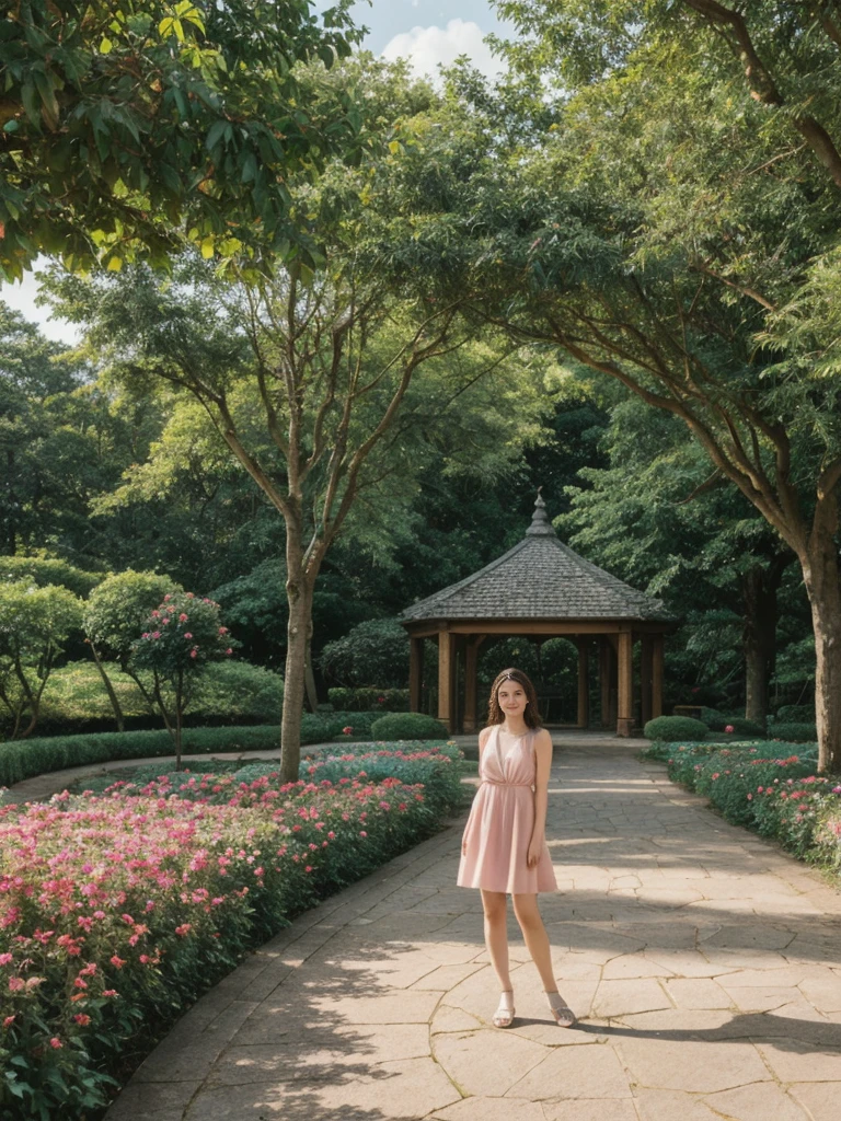 her name is Elle, high quality, 1girl, ((20-year-old fit Caucasian woman)), ((20 years old)), ((fit)), ((pale skin)), short length straight dark hair , wearing Pastel Pink Tie-Front Cutout Dress, pose: standing, background: Describe the tranquil setting of a botanical garden in the heart of a city, with winding paths leading through lush greenery, vibrant flowerbeds, and visitors enjoying the peaceful environment.