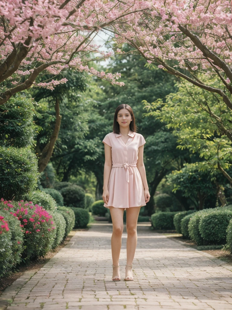 her name is Elle, high quality, 1girl, ((20-year-old fit Caucasian woman)), ((20 years old)), ((fit)), ((pale skin)), short length straight dark hair , wearing Pastel Pink Tie-Front Cutout Dress, pose: standing, background: Describe the tranquil setting of a botanical garden in the heart of a city, with winding paths leading through lush greenery, vibrant flowerbeds, and visitors enjoying the peaceful environment.