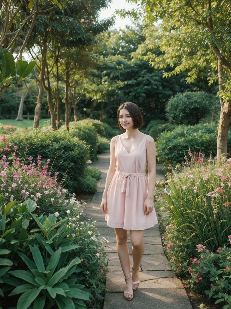 her name is Elle, high quality, 1girl, ((20-year-old fit Caucasian woman)), ((20 years old)), ((fit)), ((pale skin)), short length straight dark hair , wearing Pastel Pink Tie-Front Cutout Dress, pose: standing, background: Describe the tranquil setting of a botanical garden in the heart of a city, with winding paths leading through lush greenery, vibrant flowerbeds, and visitors enjoying the peaceful environment.