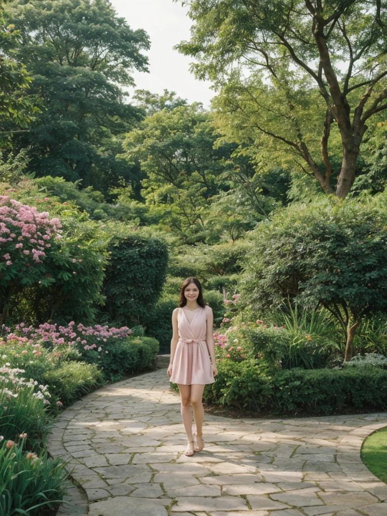 her name is Elle, high quality, 1girl, ((20-year-old fit Caucasian woman)), ((20 years old)), ((fit)), ((pale skin)), short length straight dark hair , wearing Pastel Pink Tie-Front Cutout Dress, pose: standing, background: Describe the tranquil setting of a botanical garden in the heart of a city, with winding paths leading through lush greenery, vibrant flowerbeds, and visitors enjoying the peaceful environment.