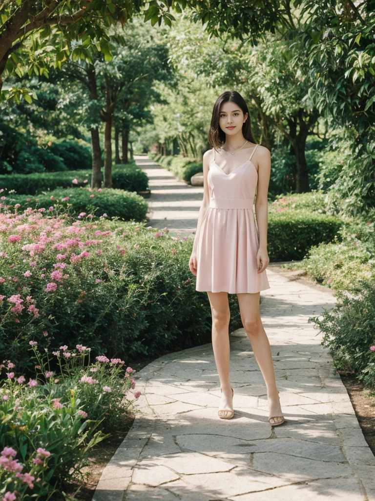 her name is Elle, high quality, 1girl, ((20-year-old fit Caucasian woman)), ((20 years old)), ((fit)), ((pale skin)), short length straight dark hair , wearing Pastel Pink Tie-Front Cutout Dress, pose: standing, background: Describe the tranquil setting of a botanical garden in the heart of a city, with winding paths leading through lush greenery, vibrant flowerbeds, and visitors enjoying the peaceful environment.