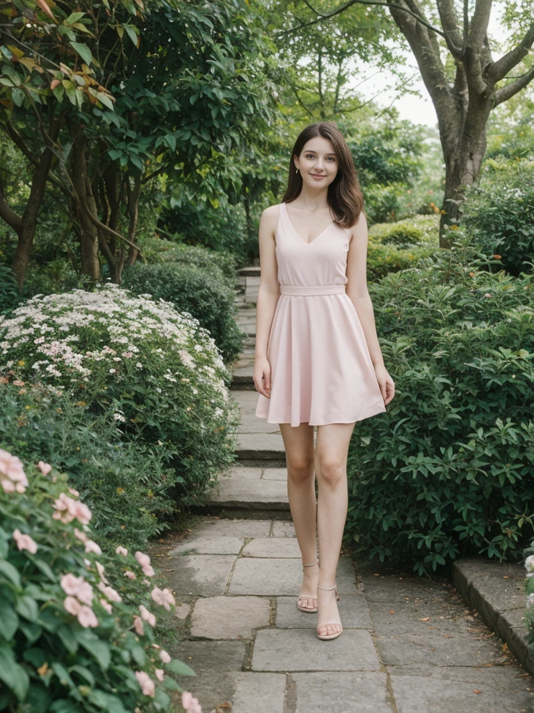 her name is Elle, high quality, 1girl, ((20-year-old fit Caucasian woman)), ((20 years old)), ((fit)), ((pale skin)), short length straight dark hair , wearing Pastel Pink Tie-Front Cutout Dress, pose: standing, background: Describe the tranquil setting of a botanical garden in the heart of a city, with winding paths leading through lush greenery, vibrant flowerbeds, and visitors enjoying the peaceful environment.