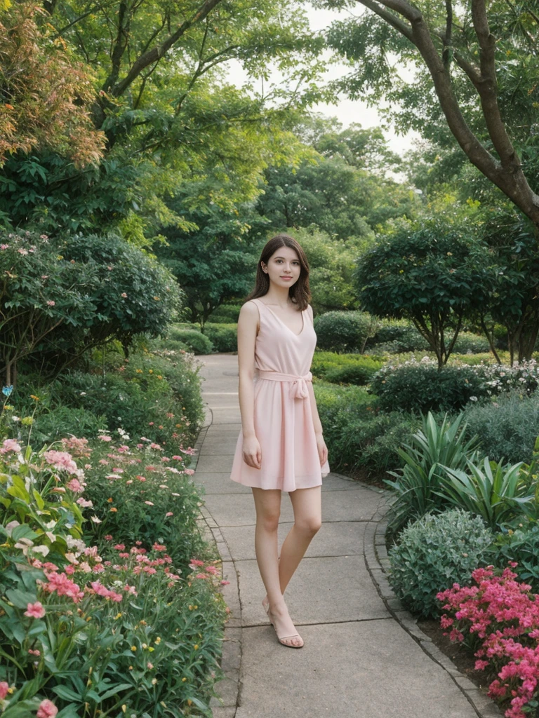 her name is Elle, high quality, 1girl, ((20-year-old fit Caucasian woman)), ((20 years old)), ((fit)), ((pale skin)), short length straight dark hair , wearing Pastel Pink Tie-Front Cutout Dress, pose: standing, background: Describe the tranquil setting of a botanical garden in the heart of a city, with winding paths leading through lush greenery, vibrant flowerbeds, and visitors enjoying the peaceful environment.