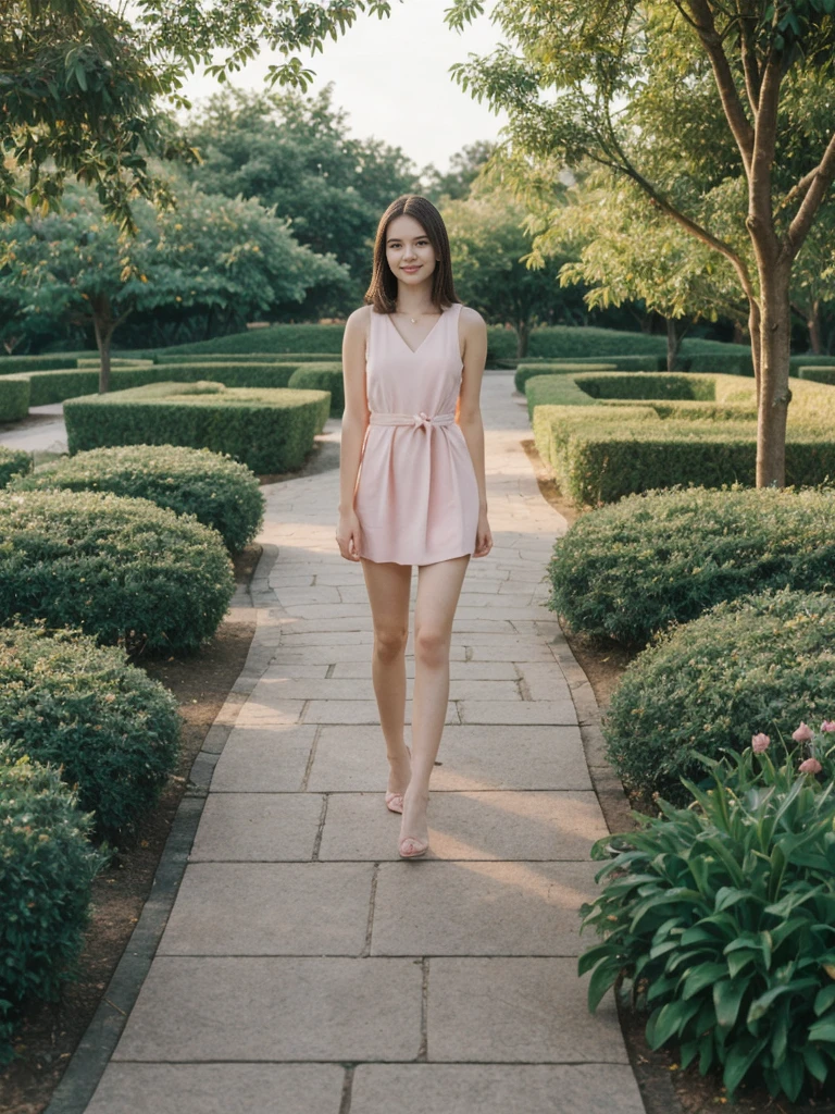 her name is Elle, high quality, 1girl, ((20-year-old fit Caucasian woman)), ((20 years old)), ((fit)), ((pale skin)), short length straight dark hair , wearing Pastel Pink Tie-Front Cutout Dress, pose: standing, background: Describe the tranquil setting of a botanical garden in the heart of a city, with winding paths leading through lush greenery, vibrant flowerbeds, and visitors enjoying the peaceful environment.