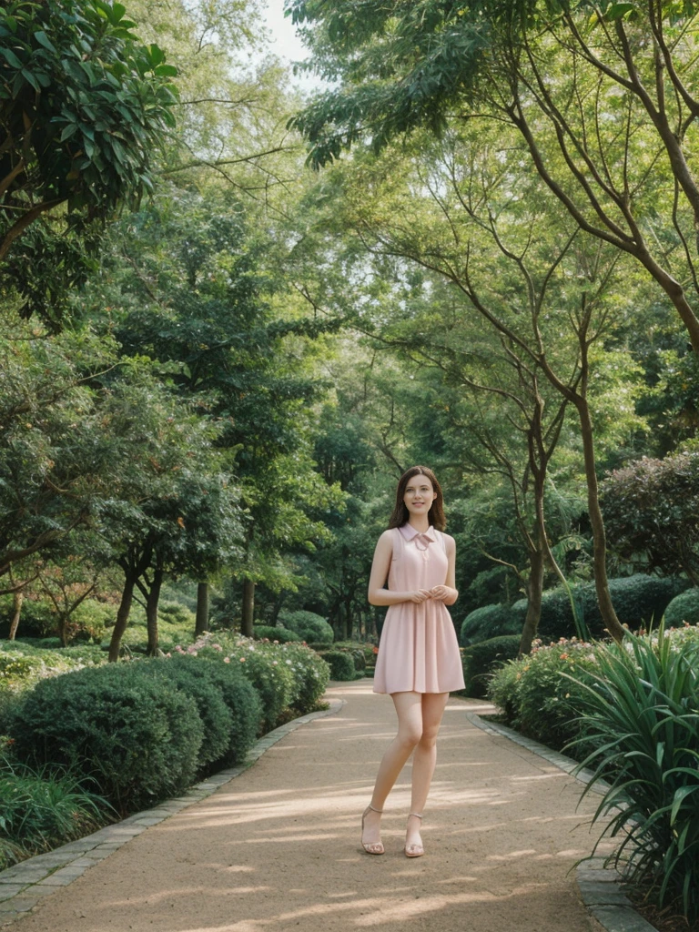 her name is Elle, high quality, 1girl, ((20-year-old fit Caucasian woman)), ((20 years old)), ((fit)), ((pale skin)), short length straight dark hair , wearing Pastel Pink Tie-Front Cutout Dress, pose: standing, background: Describe the tranquil setting of a botanical garden in the heart of a city, with winding paths leading through lush greenery, vibrant flowerbeds, and visitors enjoying the peaceful environment.