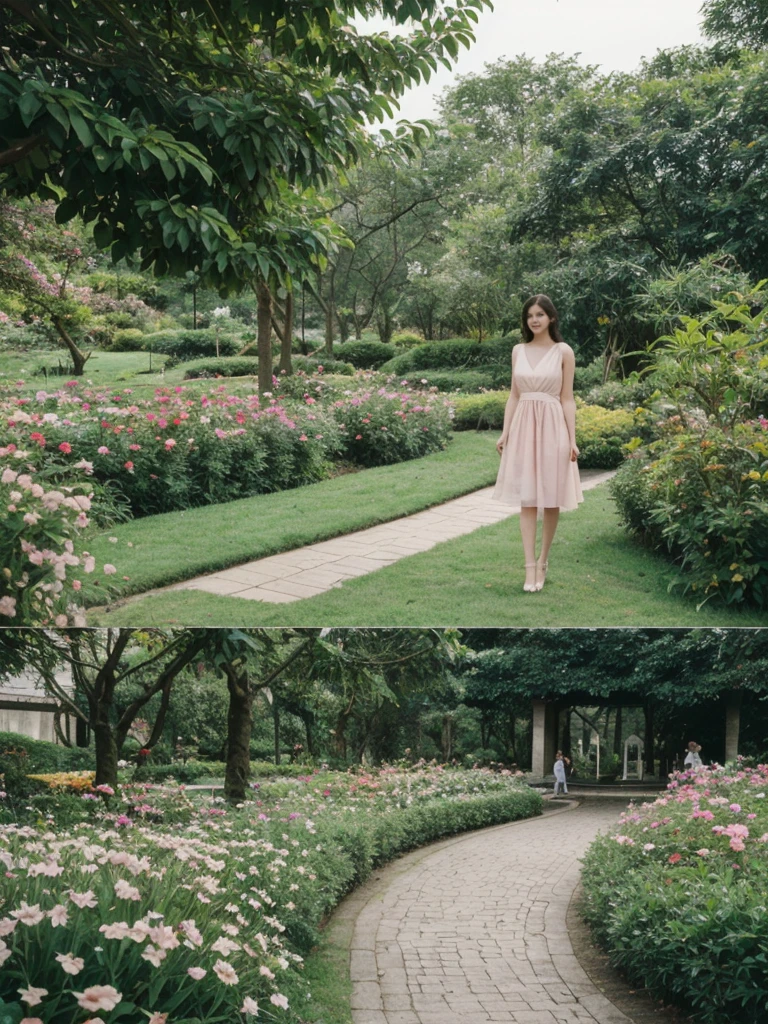 her name is Elle, high quality, 1girl, ((20-year-old fit Caucasian woman)), ((20 years old)), ((fit)), ((pale skin)), short length straight dark hair , wearing Pastel Pink Tie-Front Cutout Dress, pose: standing, background: Describe the tranquil setting of a botanical garden in the heart of a city, with winding paths leading through lush greenery, vibrant flowerbeds, and visitors enjoying the peaceful environment.