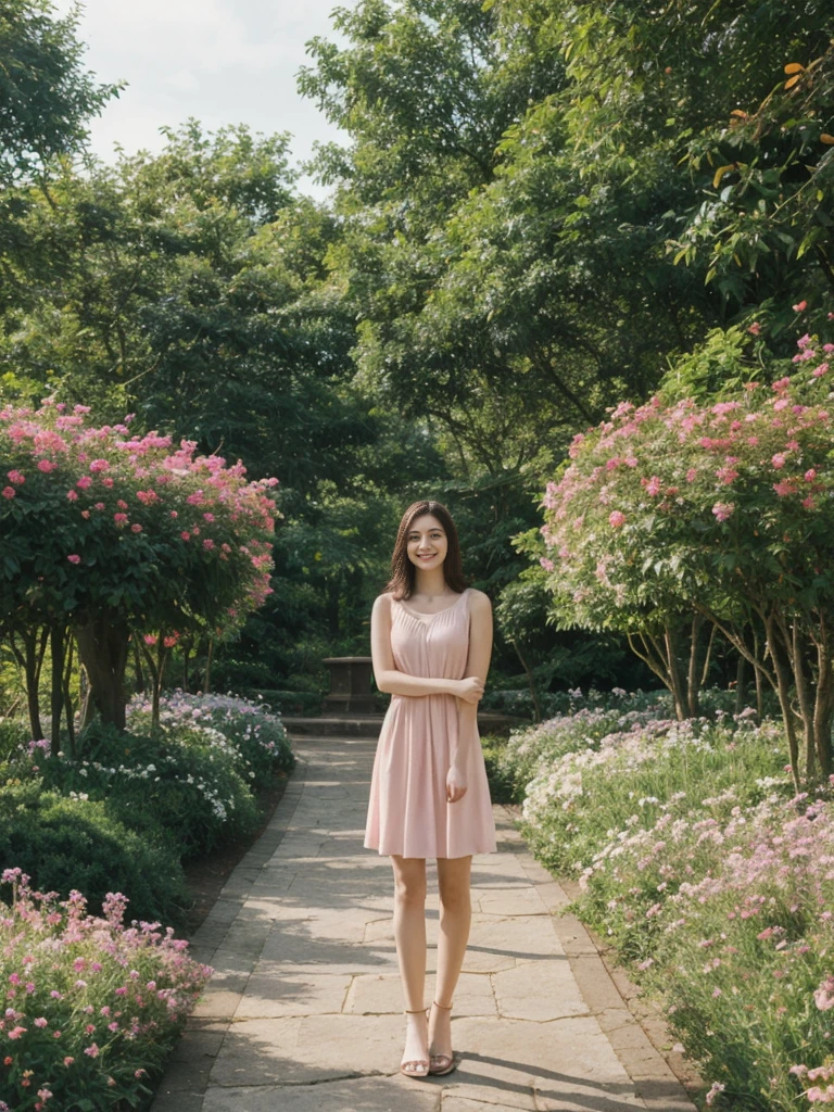 her name is Elle, high quality, 1girl, ((20-year-old fit Caucasian woman)), ((20 years old)), ((fit)), ((pale skin)), short length straight dark hair , wearing Pastel Pink Tie-Front Cutout Dress, pose: standing, background: Describe the tranquil setting of a botanical garden in the heart of a city, with winding paths leading through lush greenery, vibrant flowerbeds, and visitors enjoying the peaceful environment.