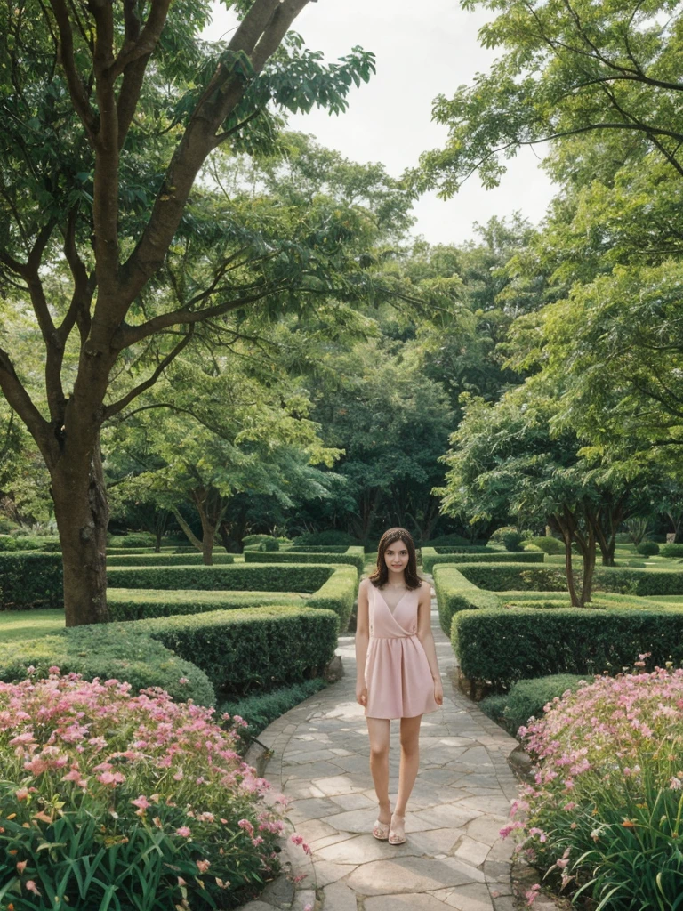 her name is Elle, high quality, 1girl, ((20-year-old fit Caucasian woman)), ((20 years old)), ((fit)), ((pale skin)), short length straight dark hair , wearing Pastel Pink Tie-Front Cutout Dress, pose: standing, background: Describe the tranquil setting of a botanical garden in the heart of a city, with winding paths leading through lush greenery, vibrant flowerbeds, and visitors enjoying the peaceful environment.